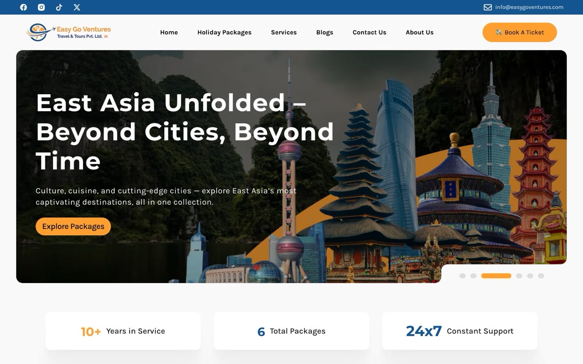 Easy Go Ventures travel agency website, home page