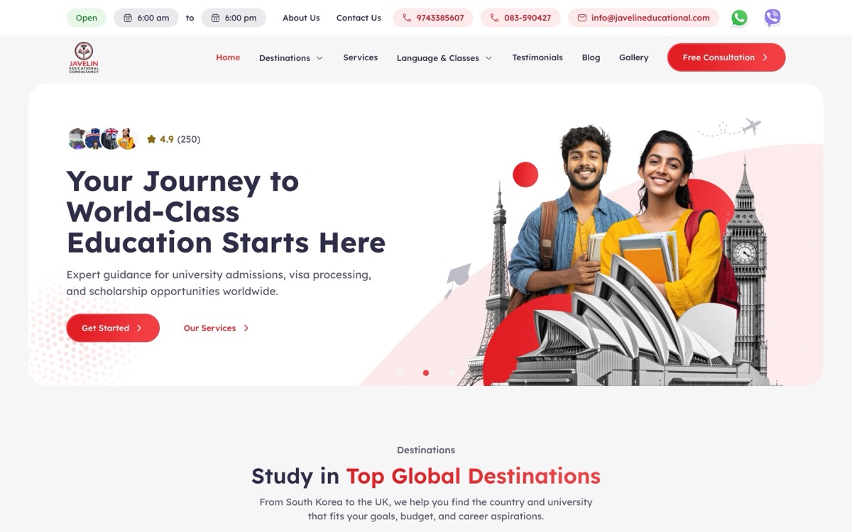 Javelin Education Consultancy website, home page