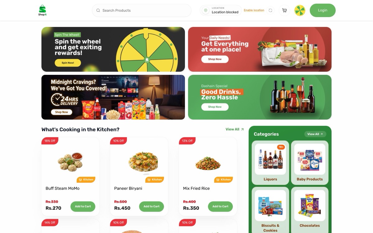 ShopIt Nepal grocery store website, home page