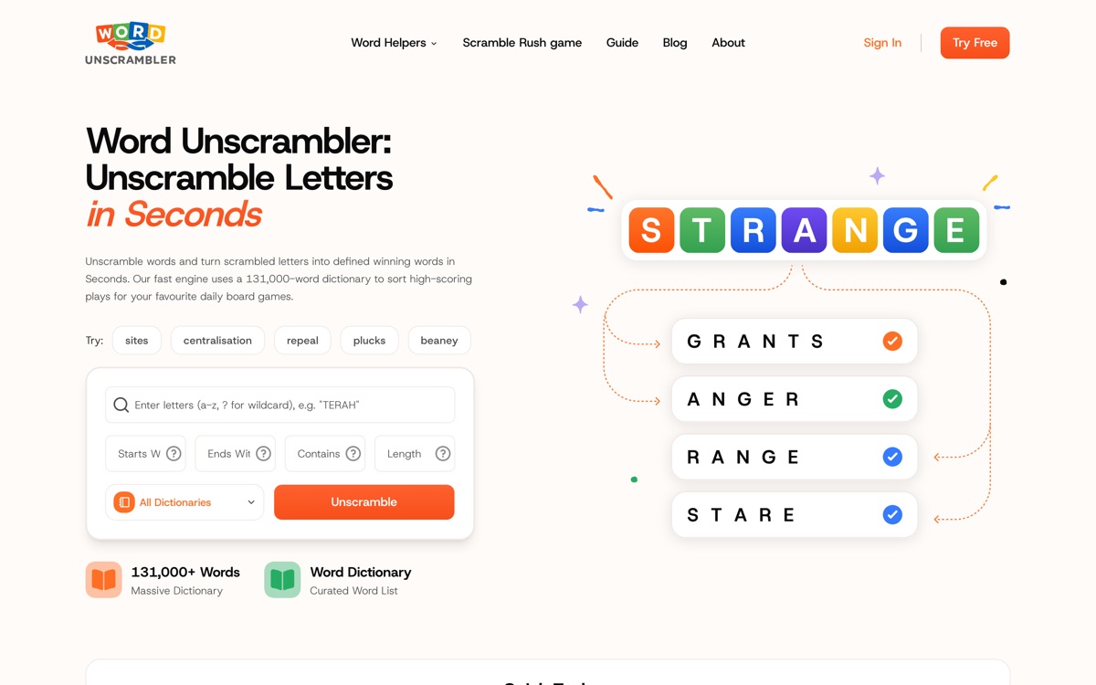 WordUnscramble.ai word unscrambler website, home page