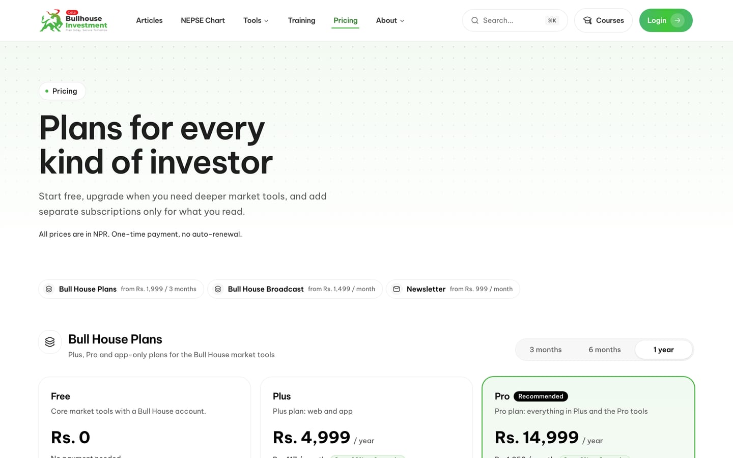 Bull House pricing page with the Free, Plus and Pro plans