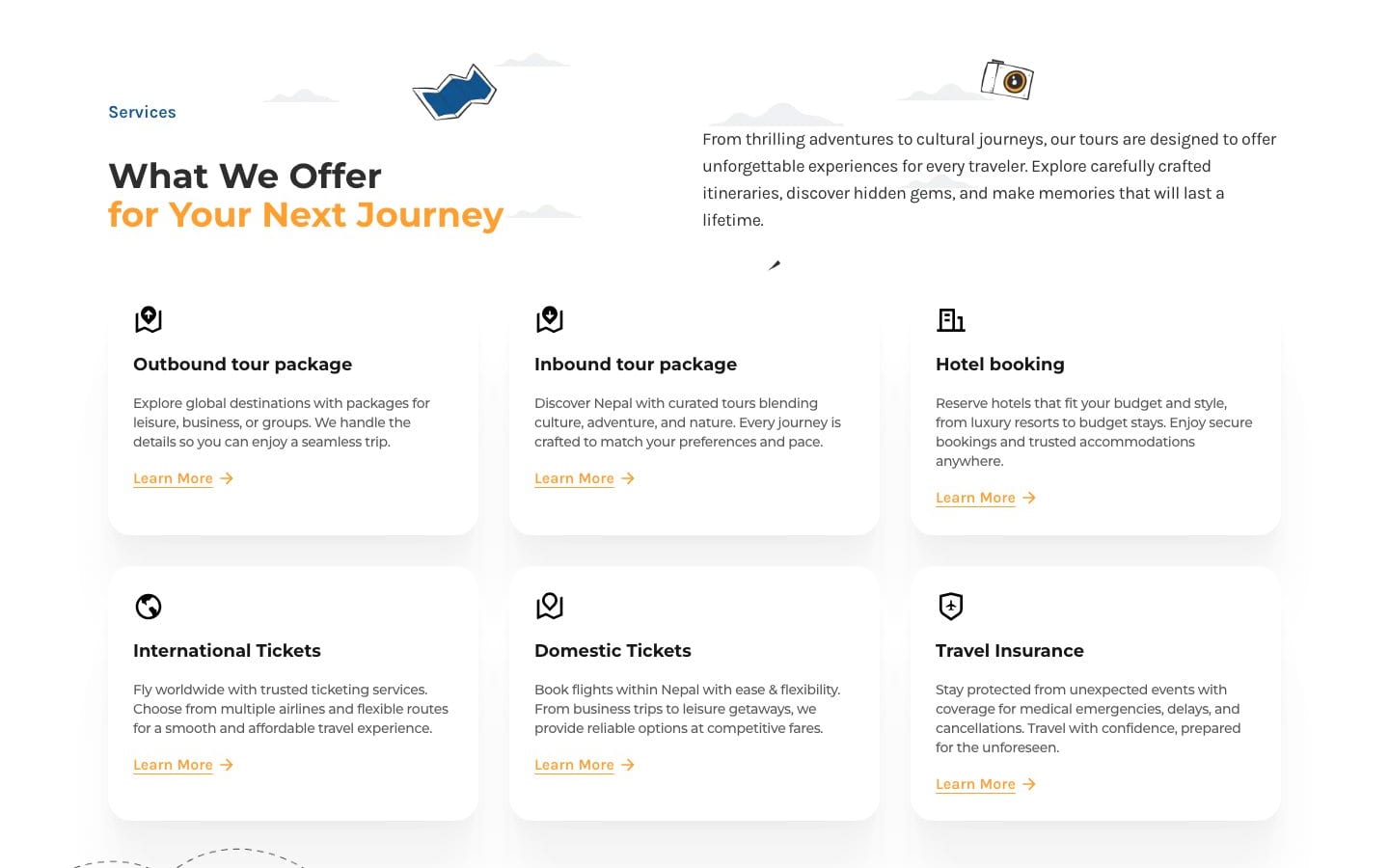 Easy Go Ventures services section: outbound and inbound tour packages, hotel booking, tickets and travel insurance