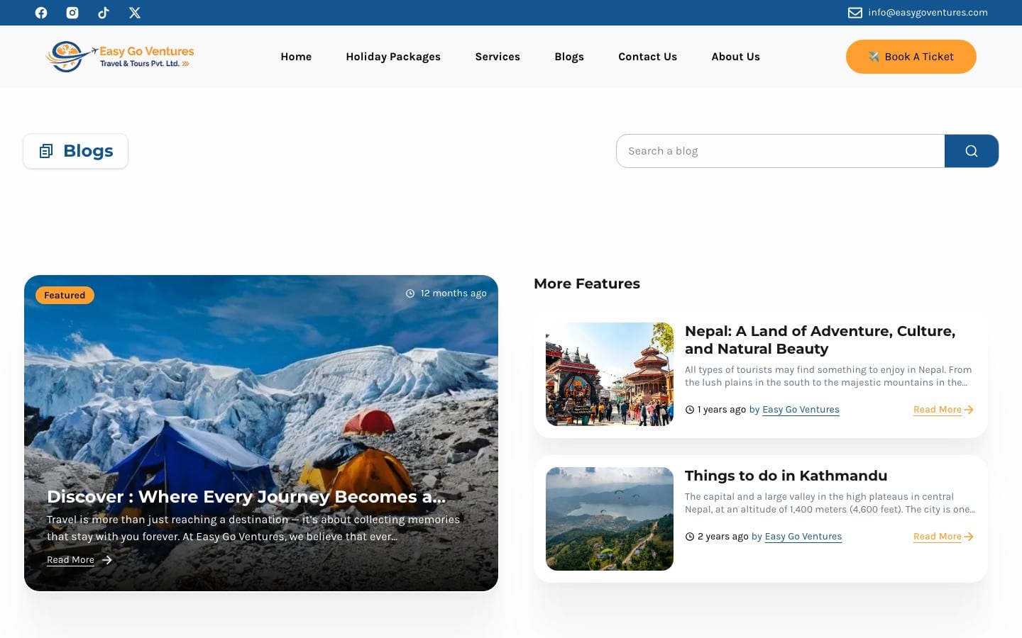 Easy Go Ventures blog page with a featured travel story and search