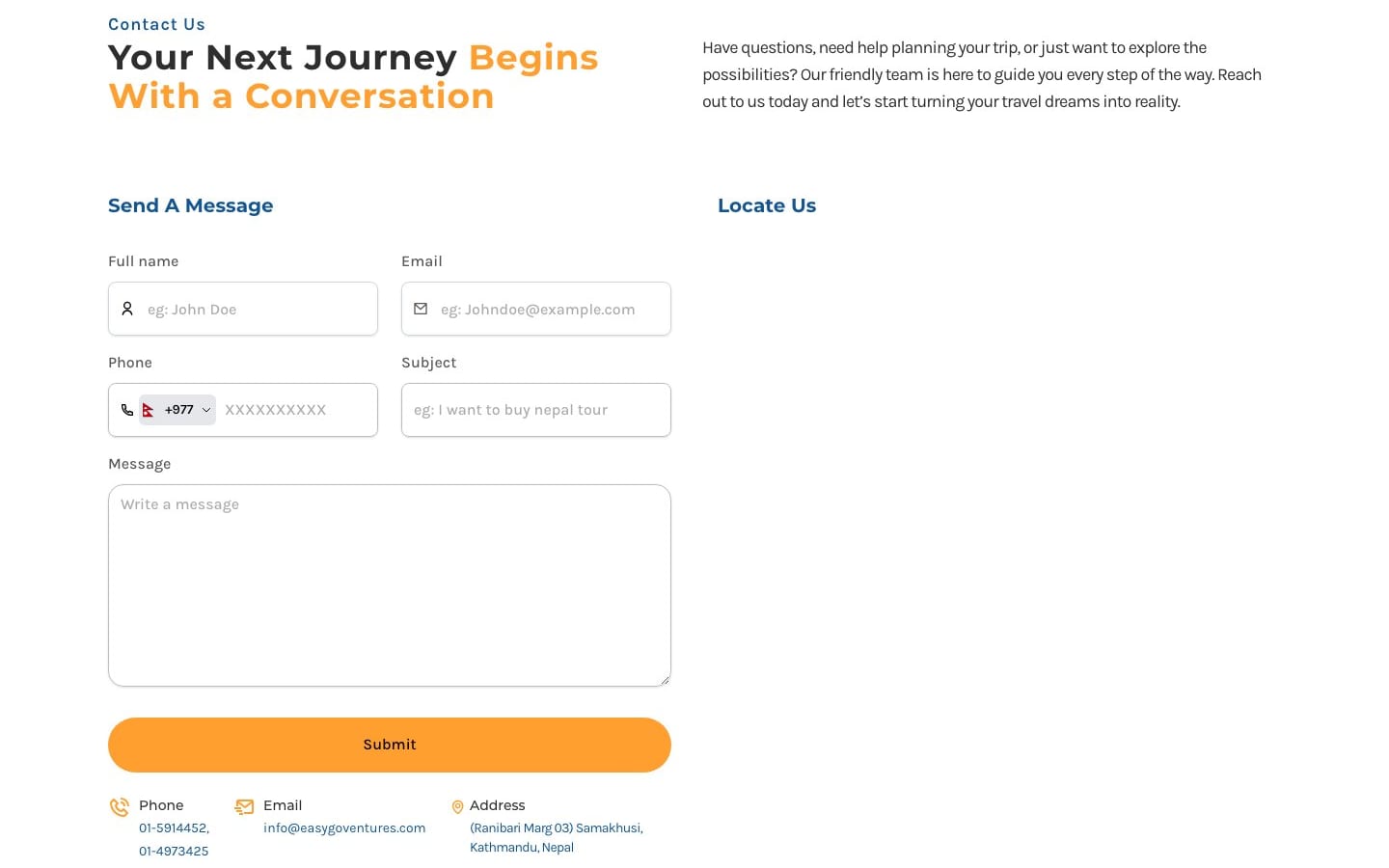 Easy Go Ventures contact section with an enquiry form, phone numbers and address