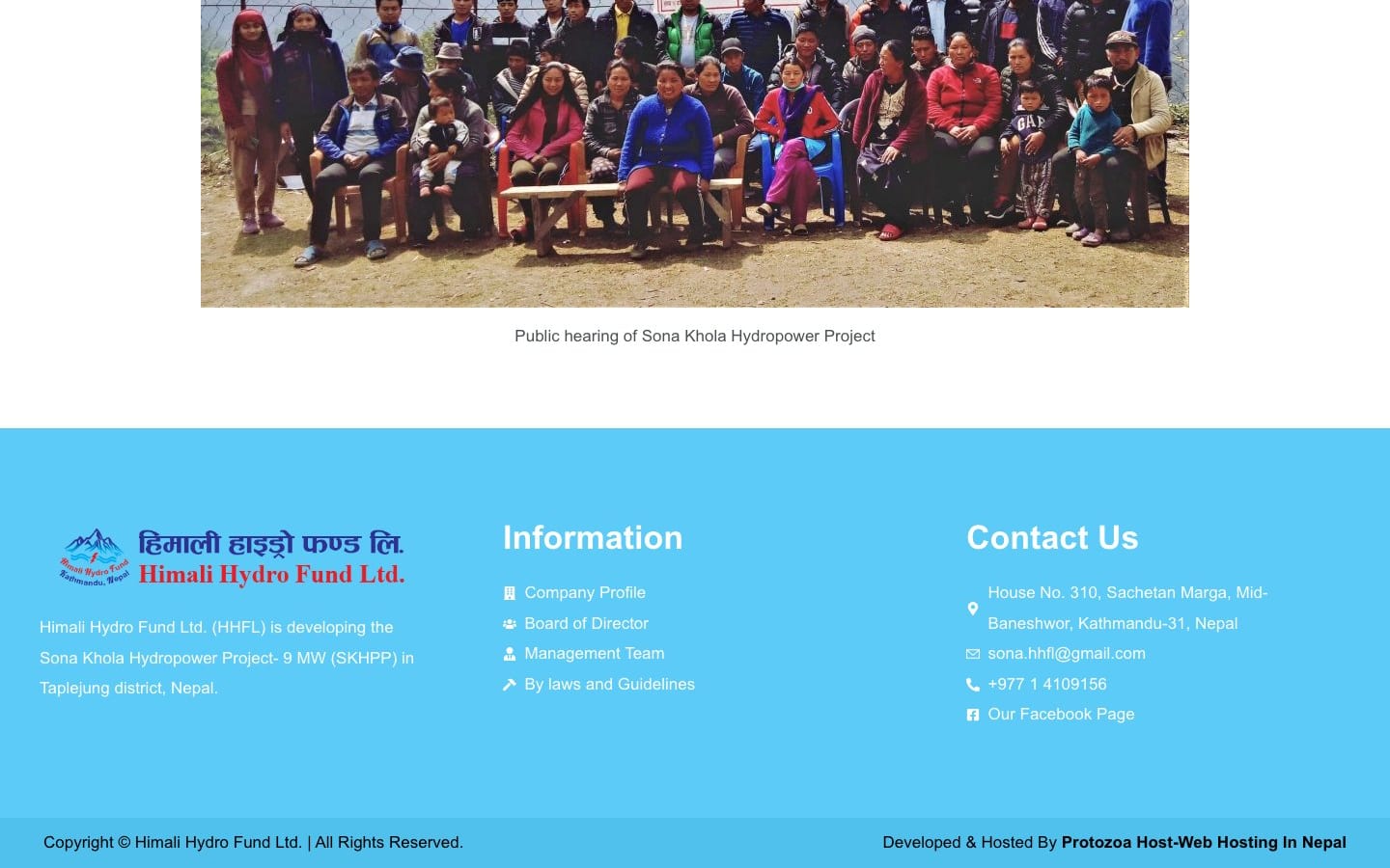 Himali Hydro Fund footer with company information links and contact details