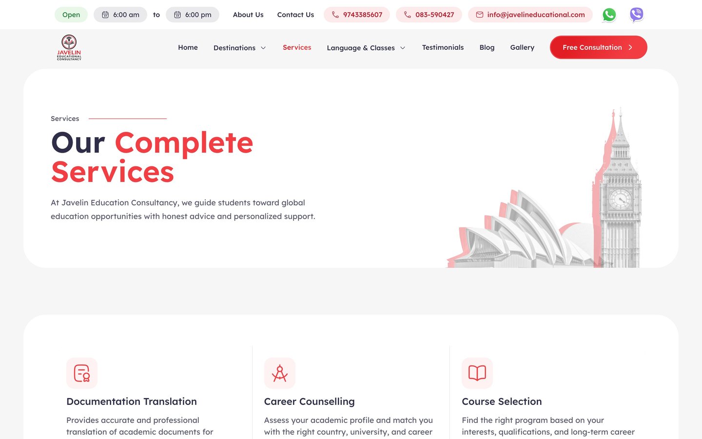 Javelin services page, with the first three of five services