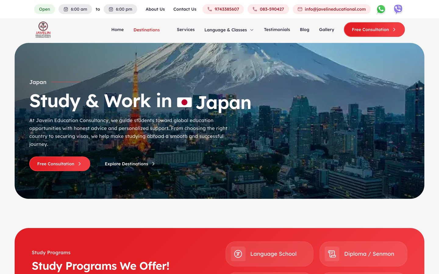Javelin destination page for Japan, with study programmes