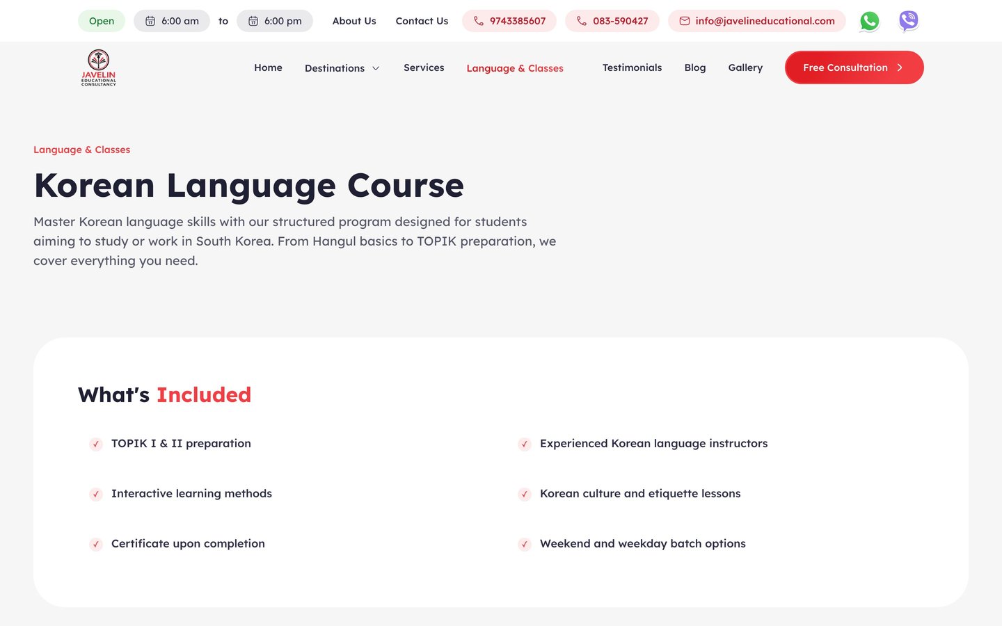 Javelin Korean language course page, listing what is included