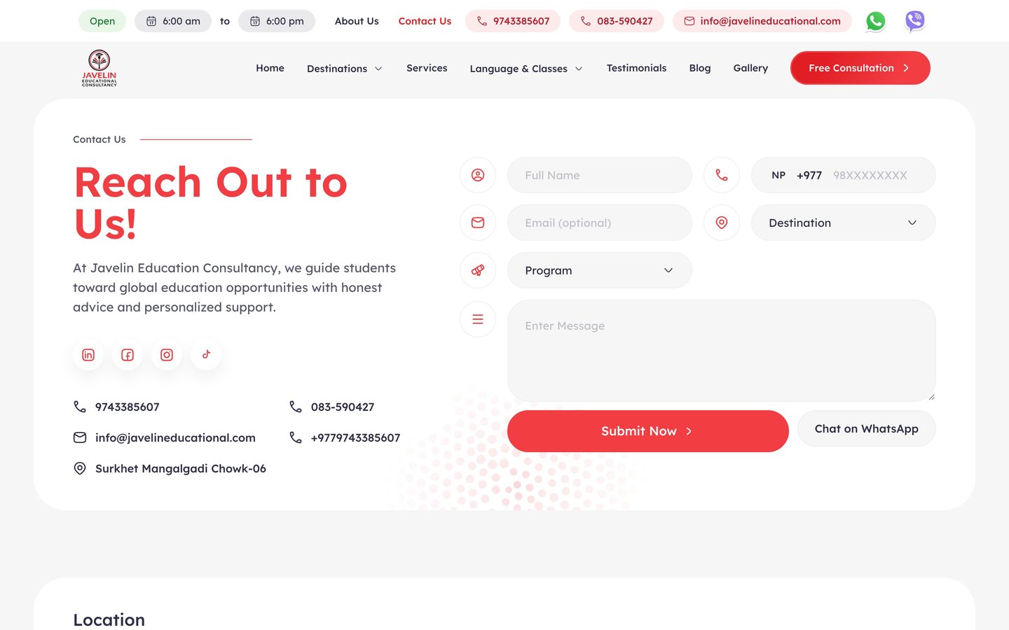 Javelin contact page with the enquiry form and a WhatsApp link