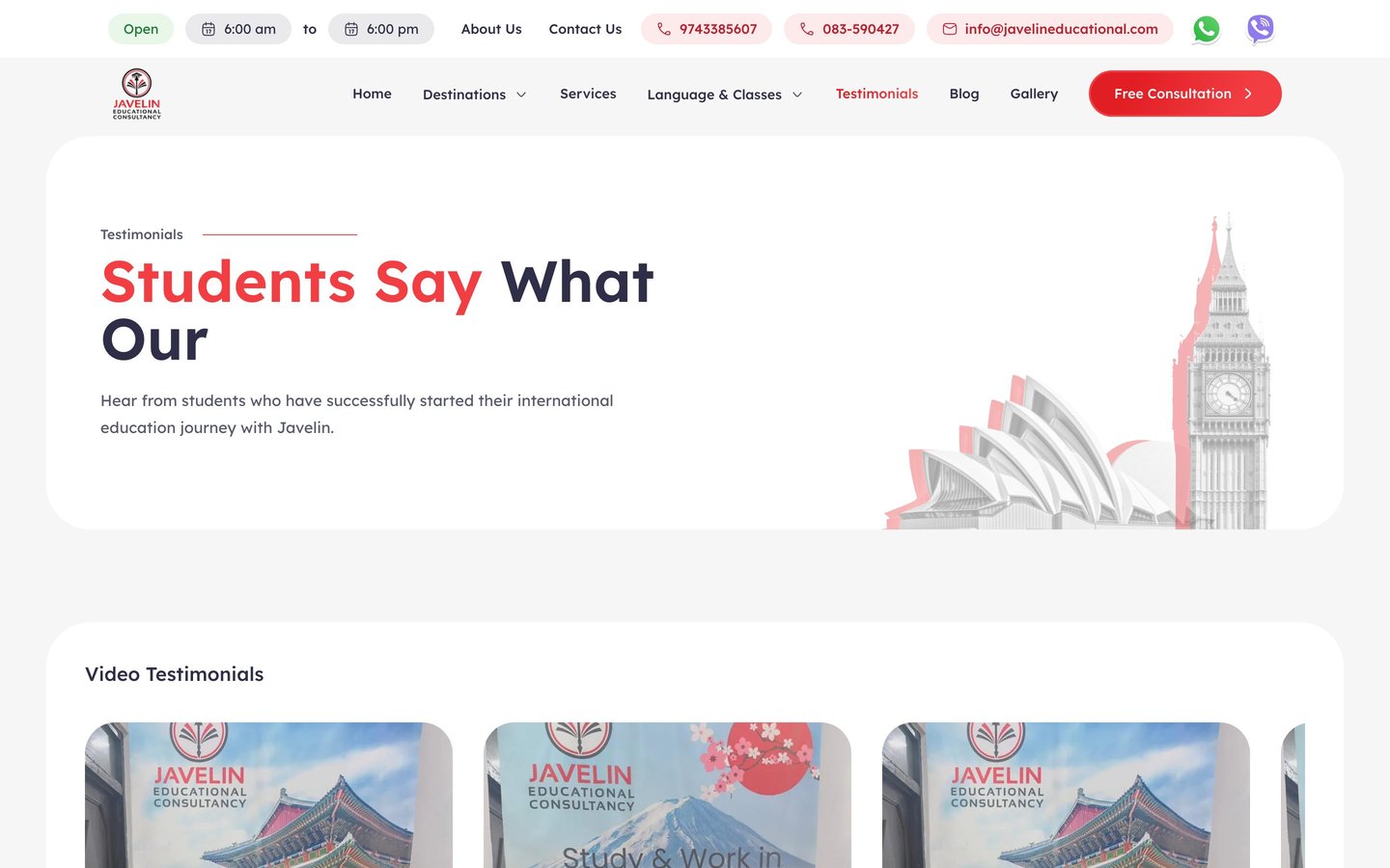 Javelin testimonials page with student video reviews