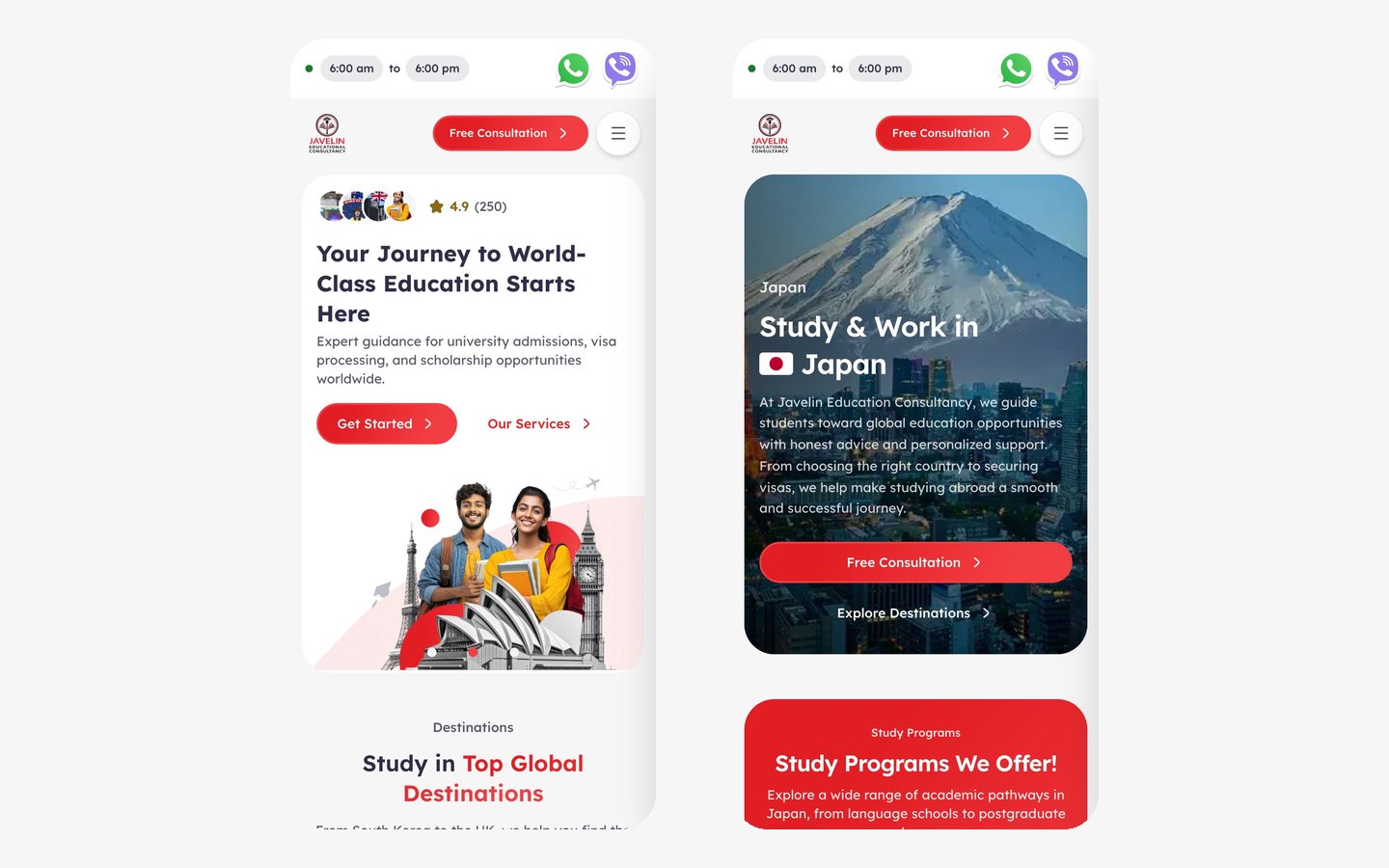 Javelin website on mobile, home and Japan pages
