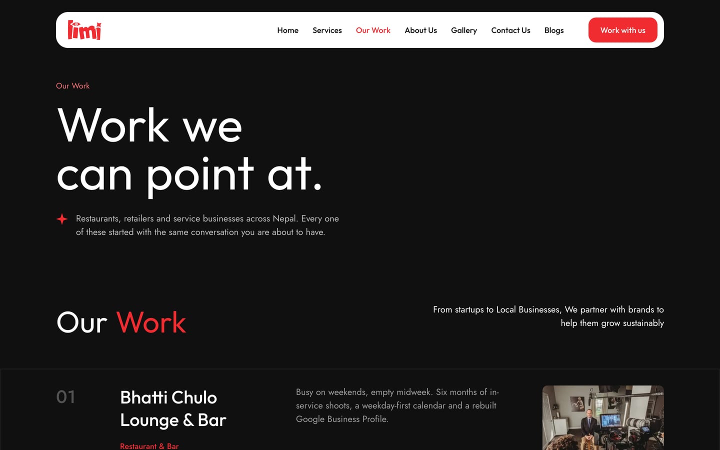 Limi Creatives Our Work page, “Work we can point at.”, opening the list of client cases