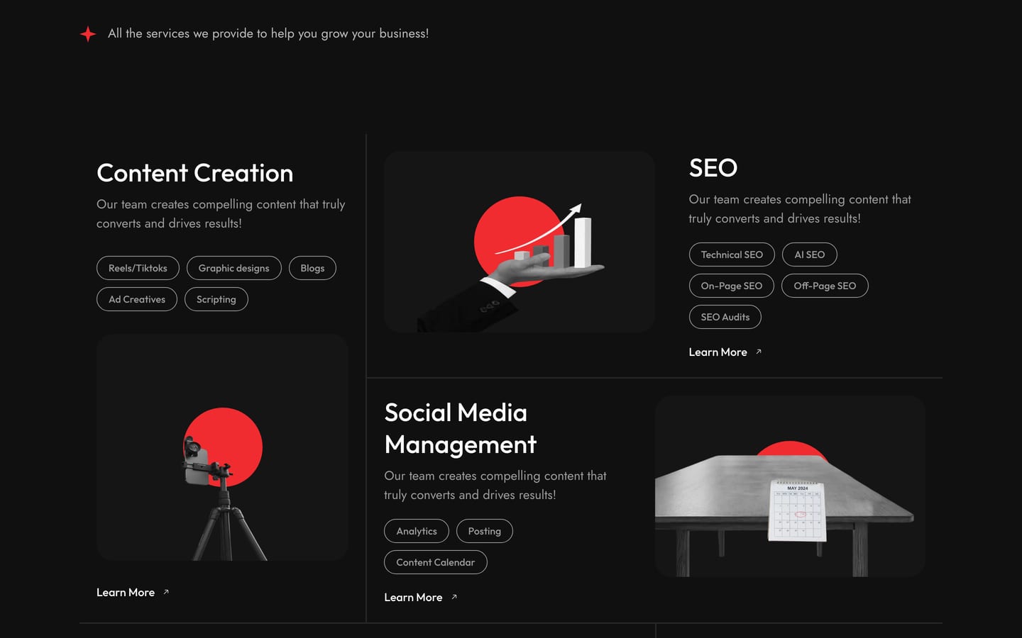 Limi Creatives services page: Content Creation, SEO and Social Media Management cards