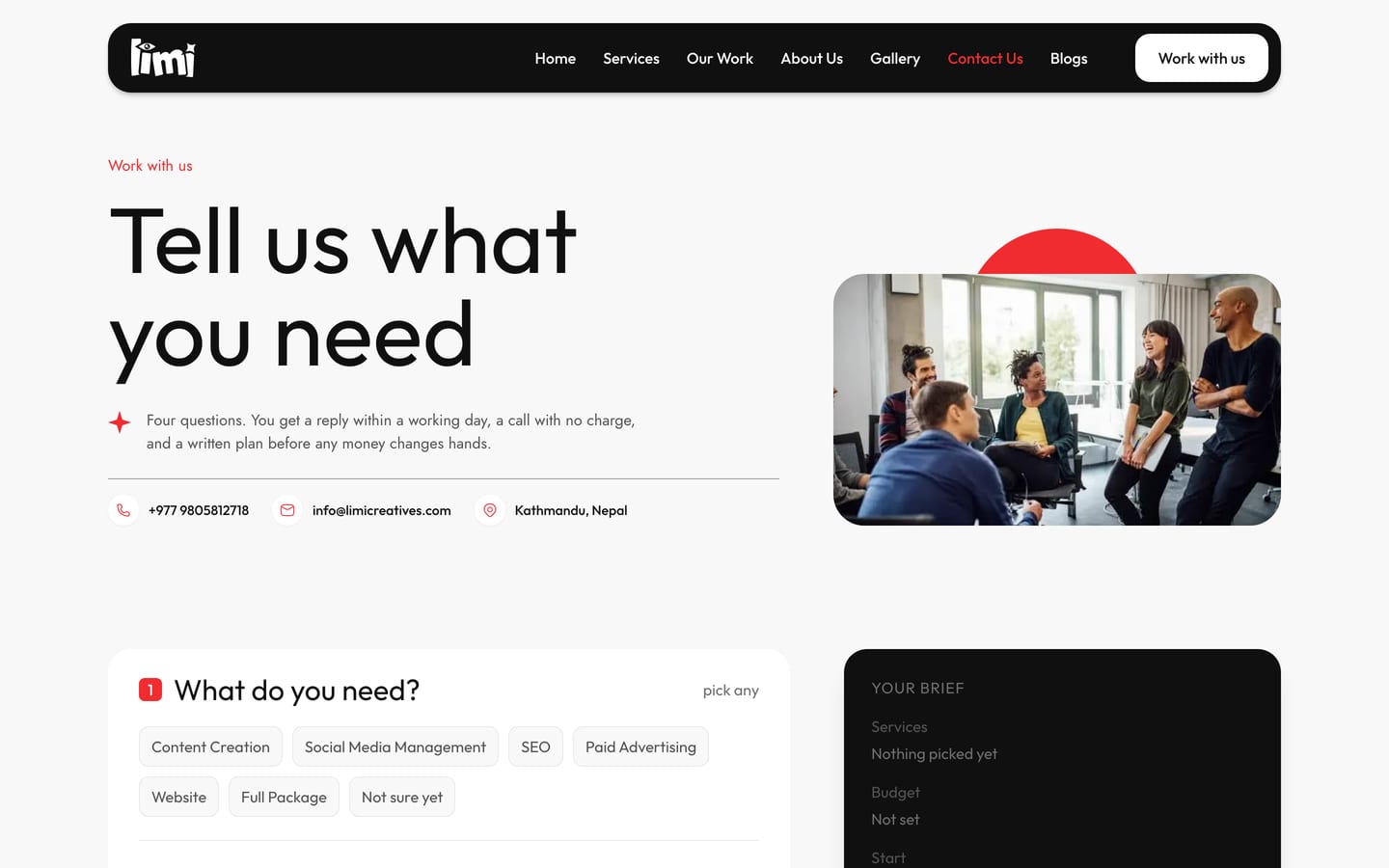 Limi Creatives contact page, “Tell us what you need”, with the step-by-step brief