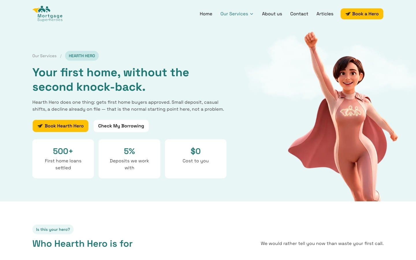 Hearth Hero service page for first home buyers, with its illustrated hero