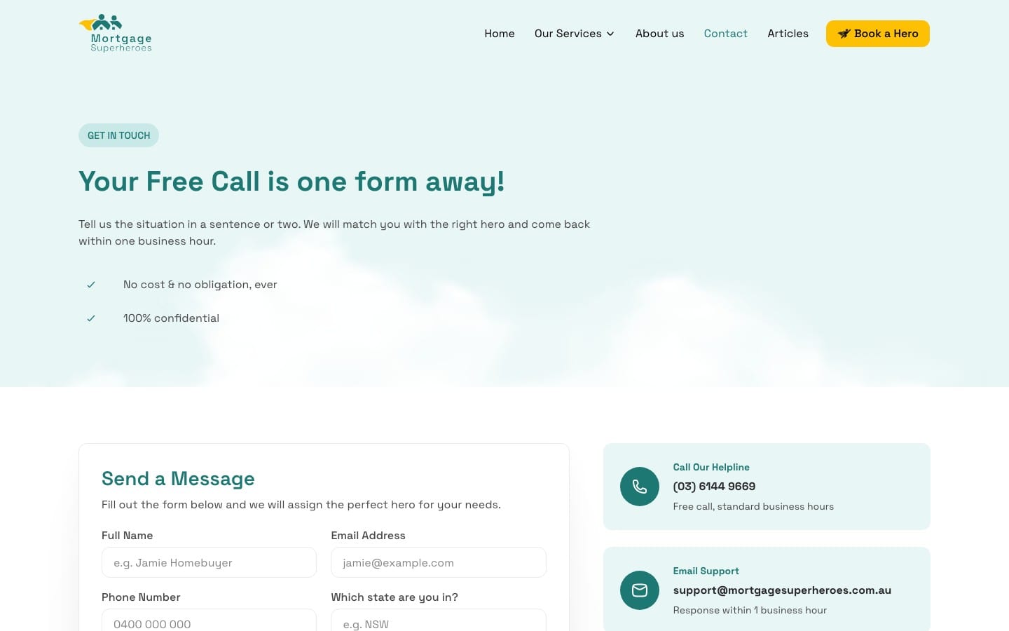 Contact page: Your Free Call is one form away, with the message form, helpline and email support