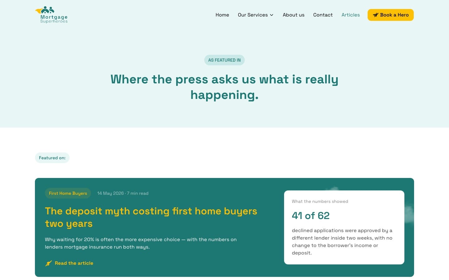 Articles page with a featured article for first home buyers