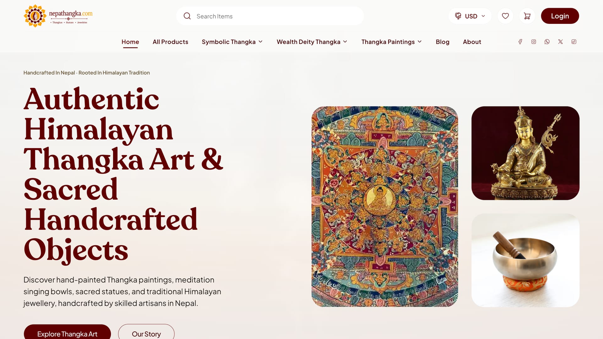 Nepathangka home page: “Authentic Himalayan Thangka Art & Sacred Handcrafted Objects” beside a thangka, a statue and a singing bowl