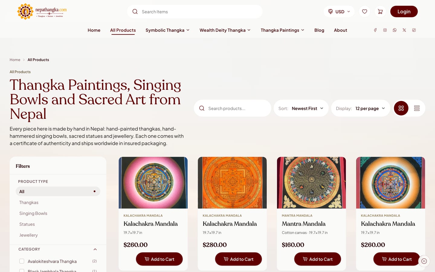 Nepathangka catalogue: filters, search, sort and a grid of mandala thangkas priced in US dollars