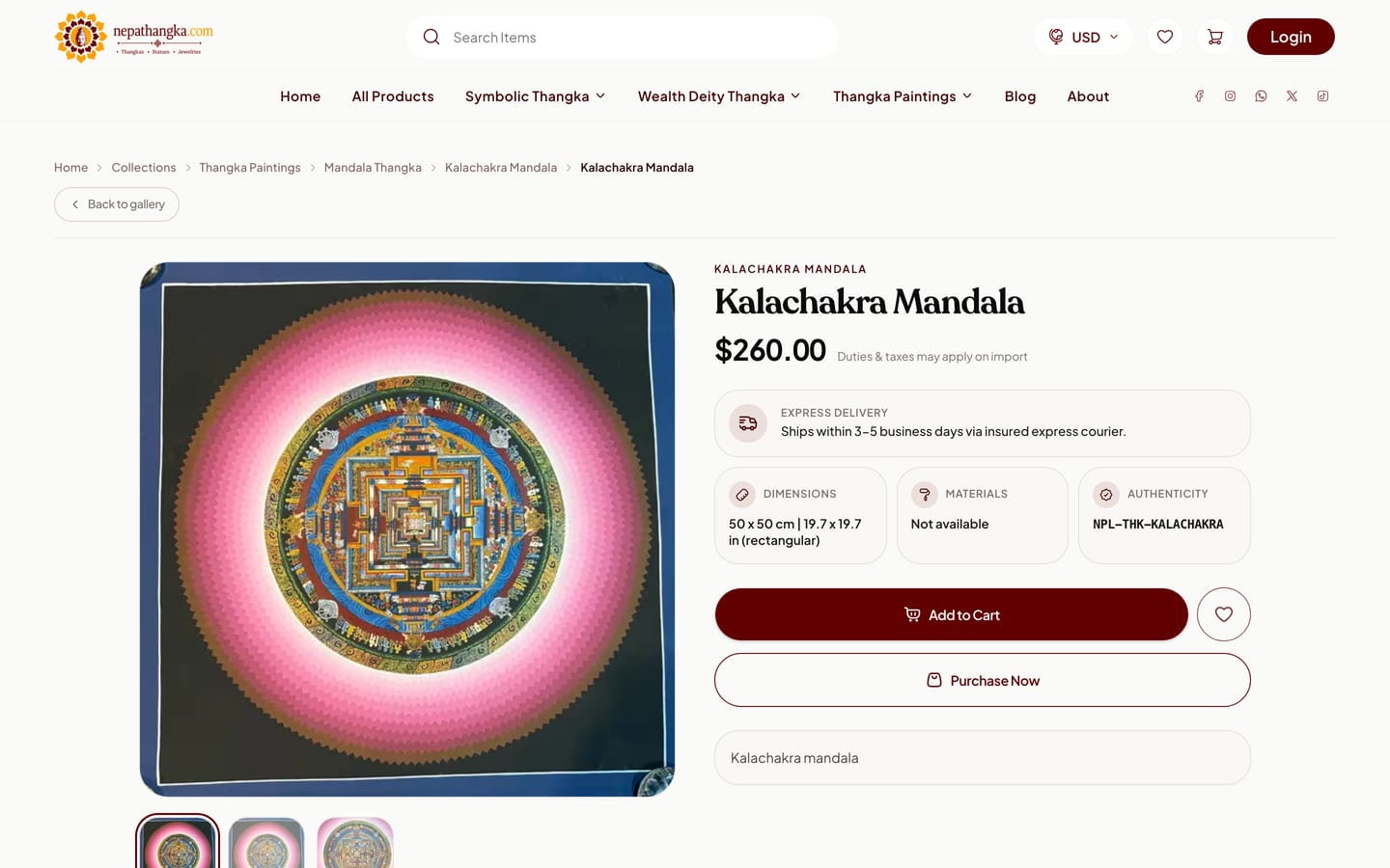 Nepathangka product page for a Kalachakra Mandala: price, express delivery, dimensions, authenticity code and Add to Cart