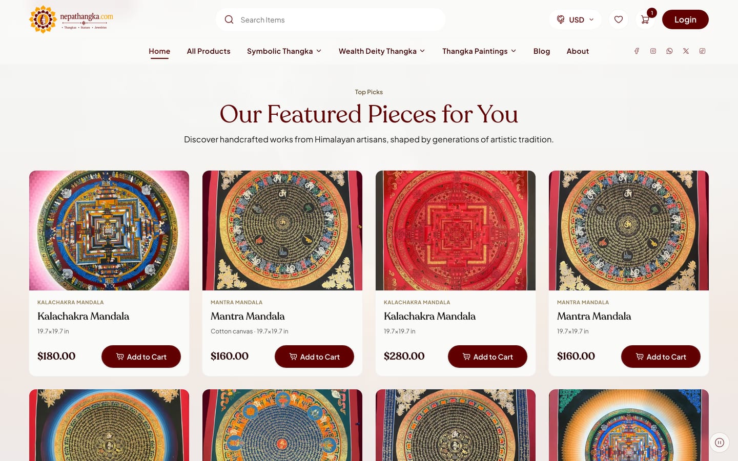 Nepathangka home page, “Our Featured Pieces for You”: a row of mandala thangkas with prices