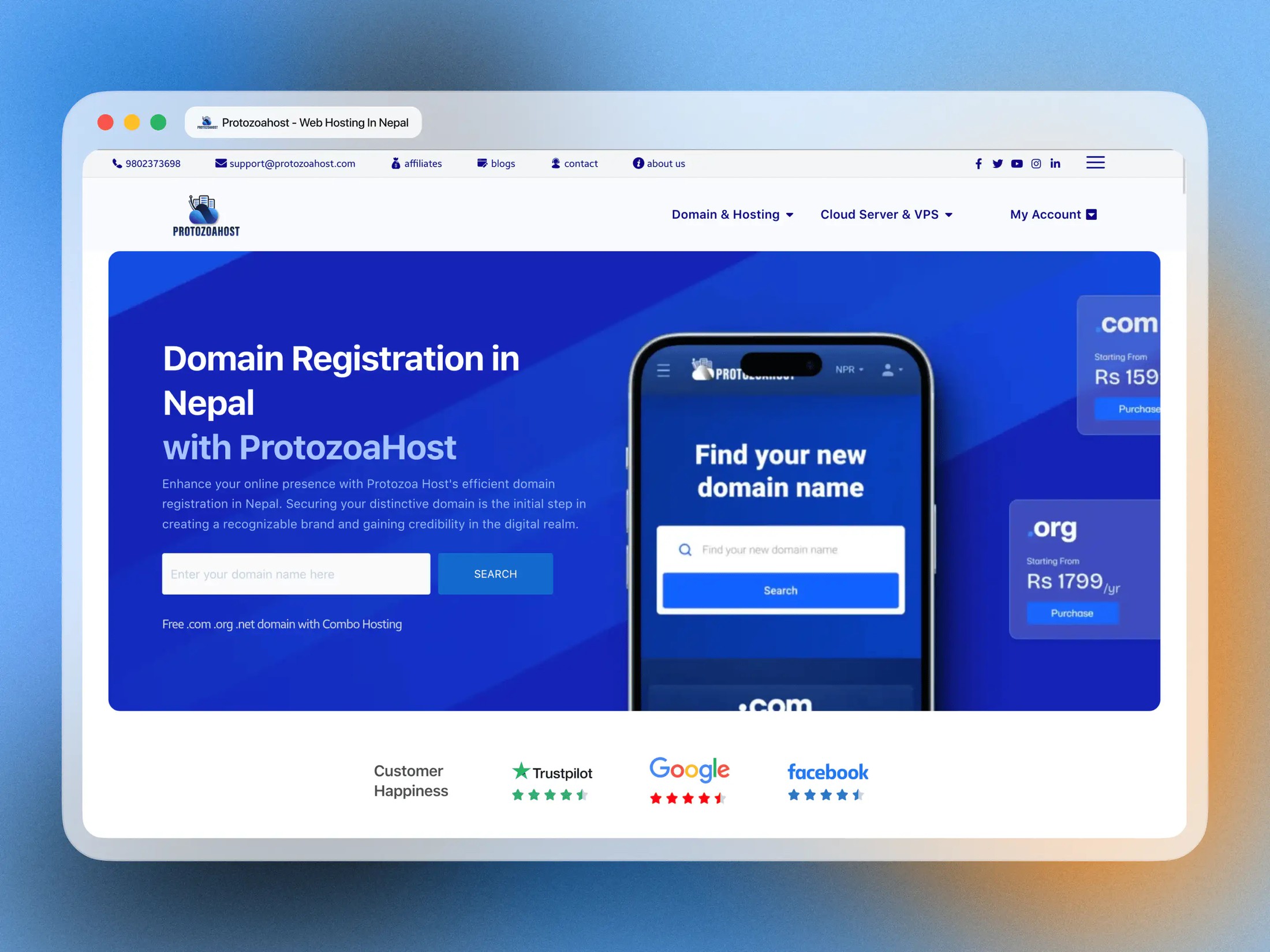 ProtozoaHost domain registration page, before redesign