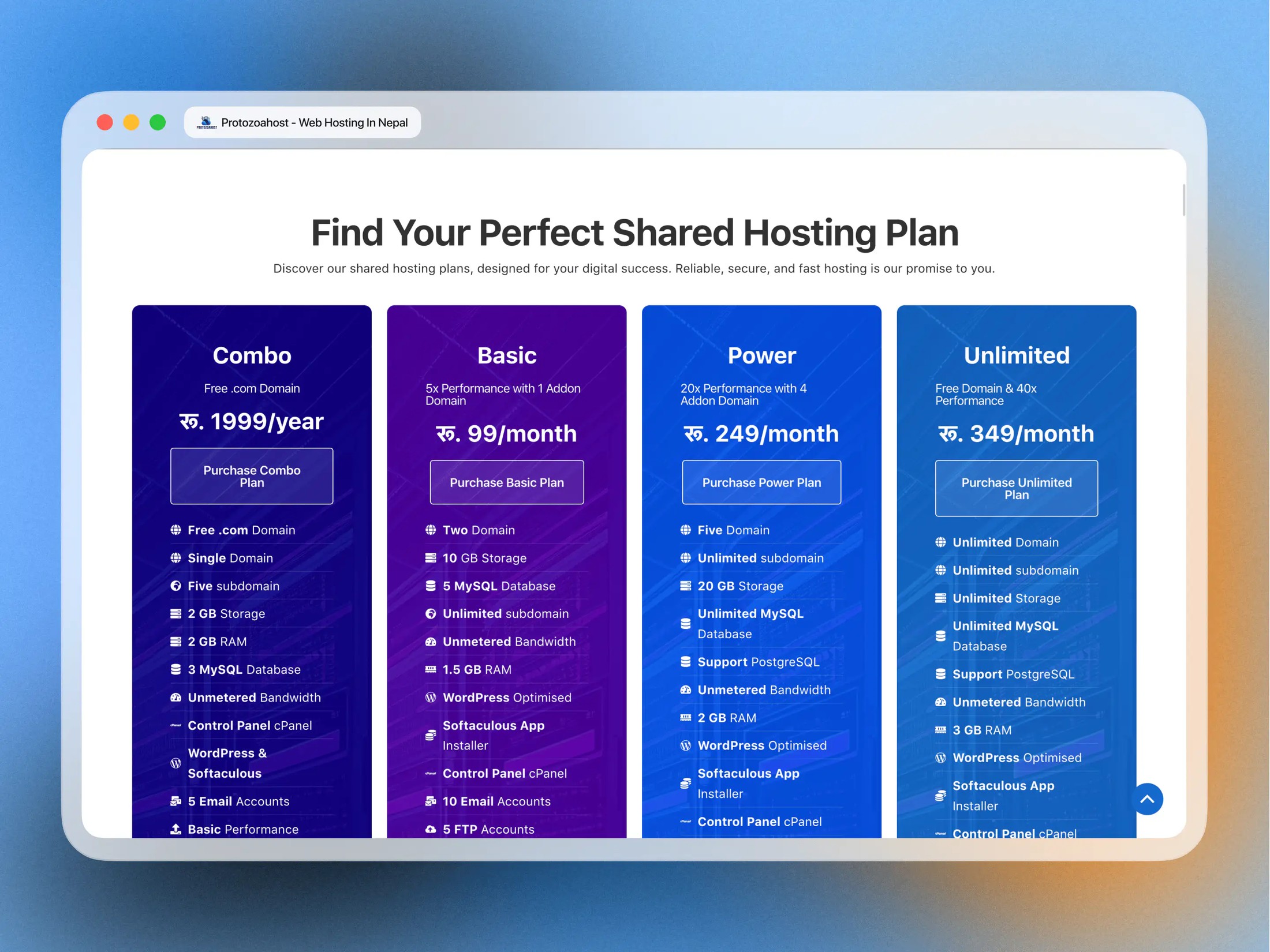 ProtozoaHost pricing page, before redesign