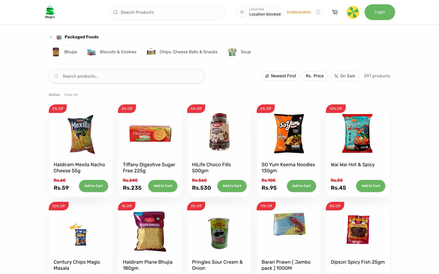 ShopIt Packaged Foods listing: sub-category chips, sorting and discounted snacks and noodles with Add to Cart