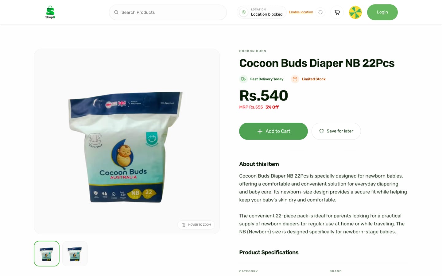 ShopIt product page with price, discount, Add to Cart and Save for later