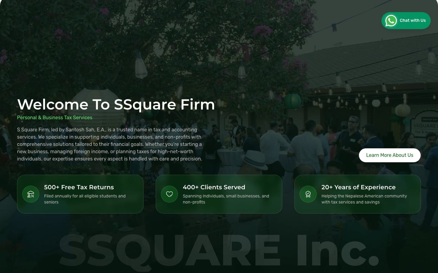 Welcome To SSquare Firm section with the free tax returns, clients served and years of experience figures