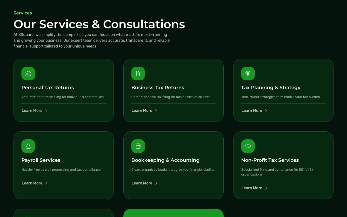 Our Services & Consultations grid: personal and business tax returns, tax planning, payroll, bookkeeping and more