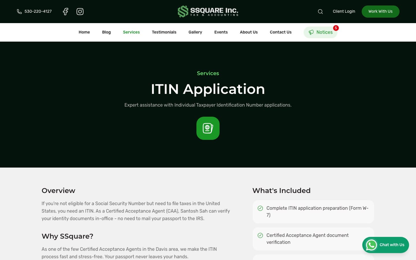 ITIN Application service page with an overview and what is included