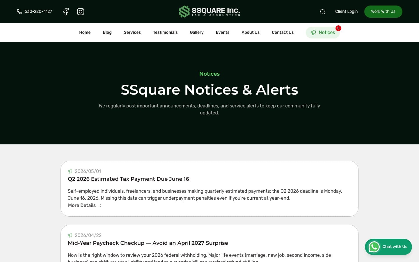 SSquare Notices & Alerts page with dated tax deadline notices