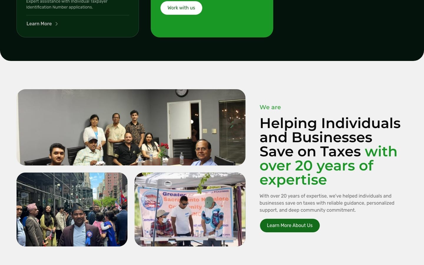Helping Individuals and Businesses Save on Taxes section with photos from community events