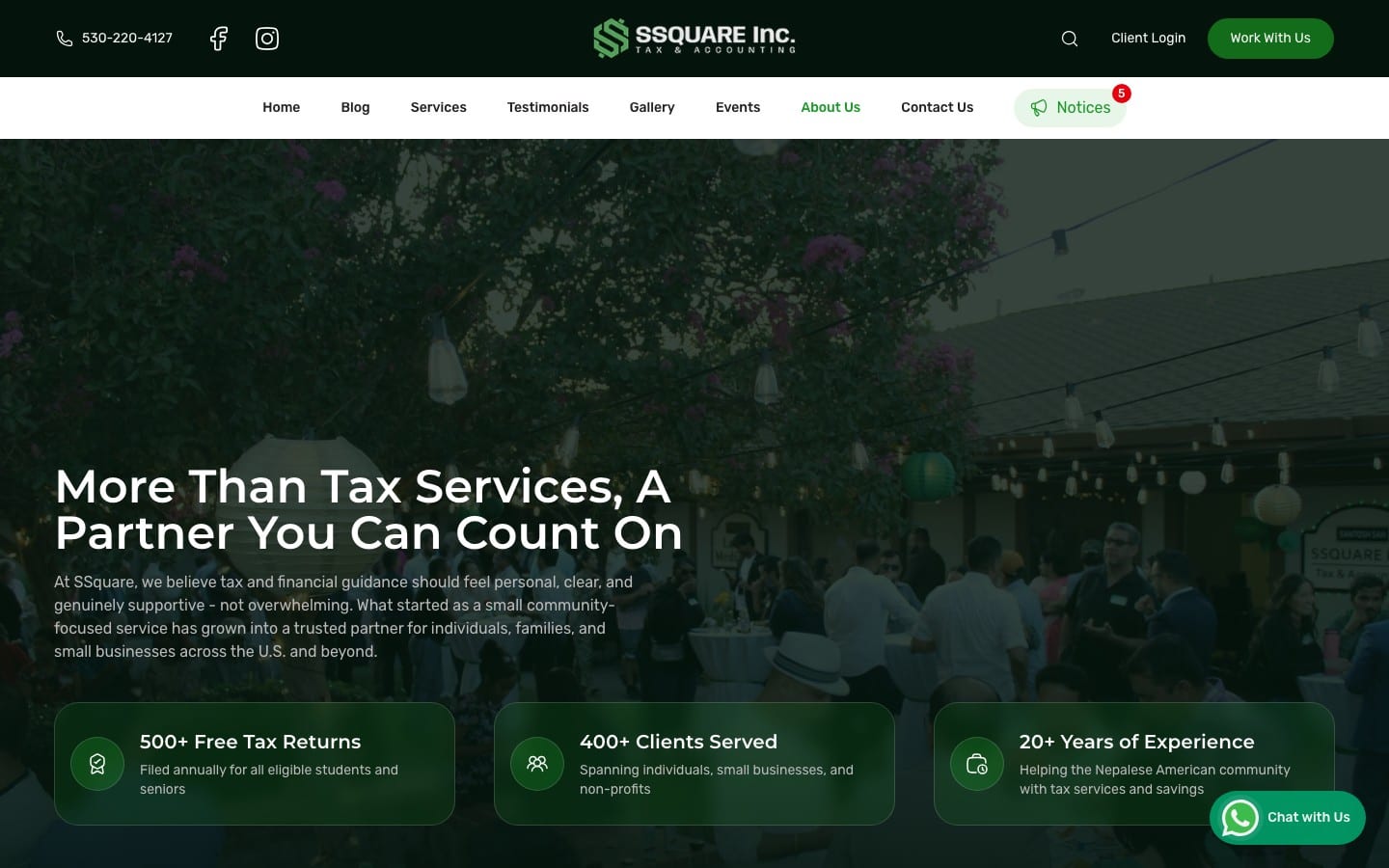 SSquare About page: More Than Tax Services, A Partner You Can Count On, over a photo of a community event