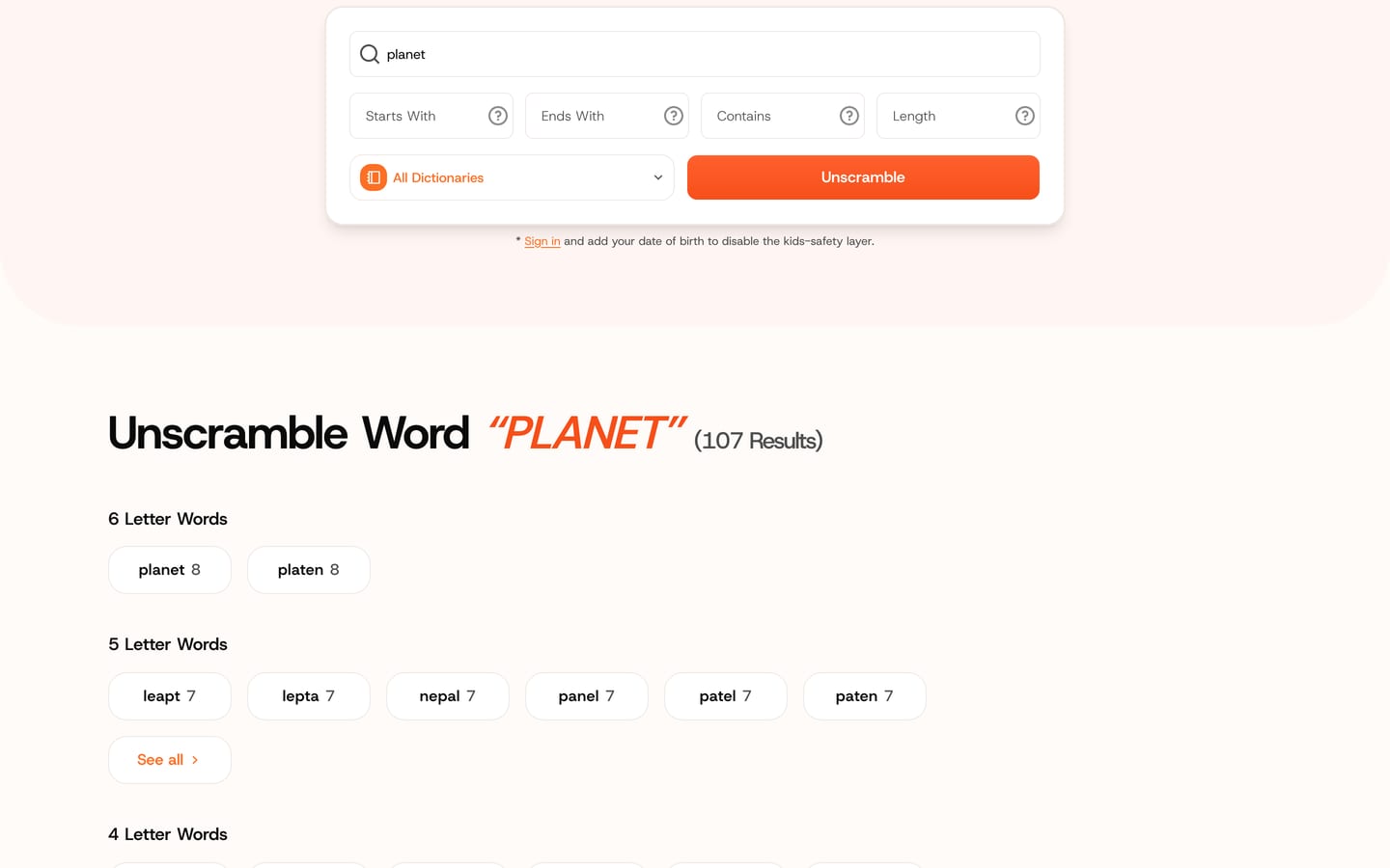Words Descrambler results for PLANET, grouped by length with Scrabble scores