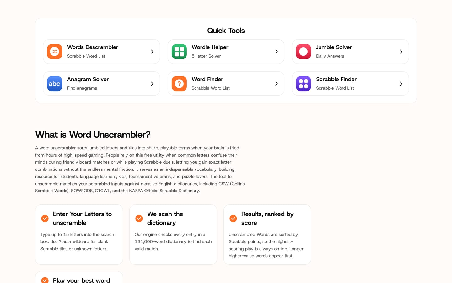 WordUnscramble.ai quick tools: descrambler, Wordle helper, jumble, anagram, word and Scrabble finders
