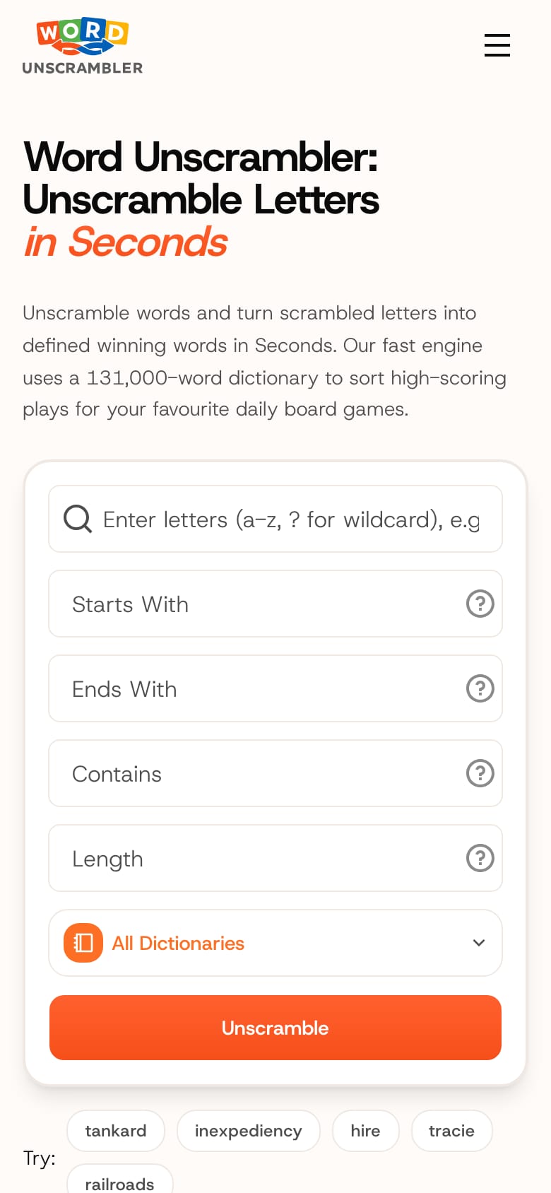 WordUnscramble.ai on mobile: the home page search