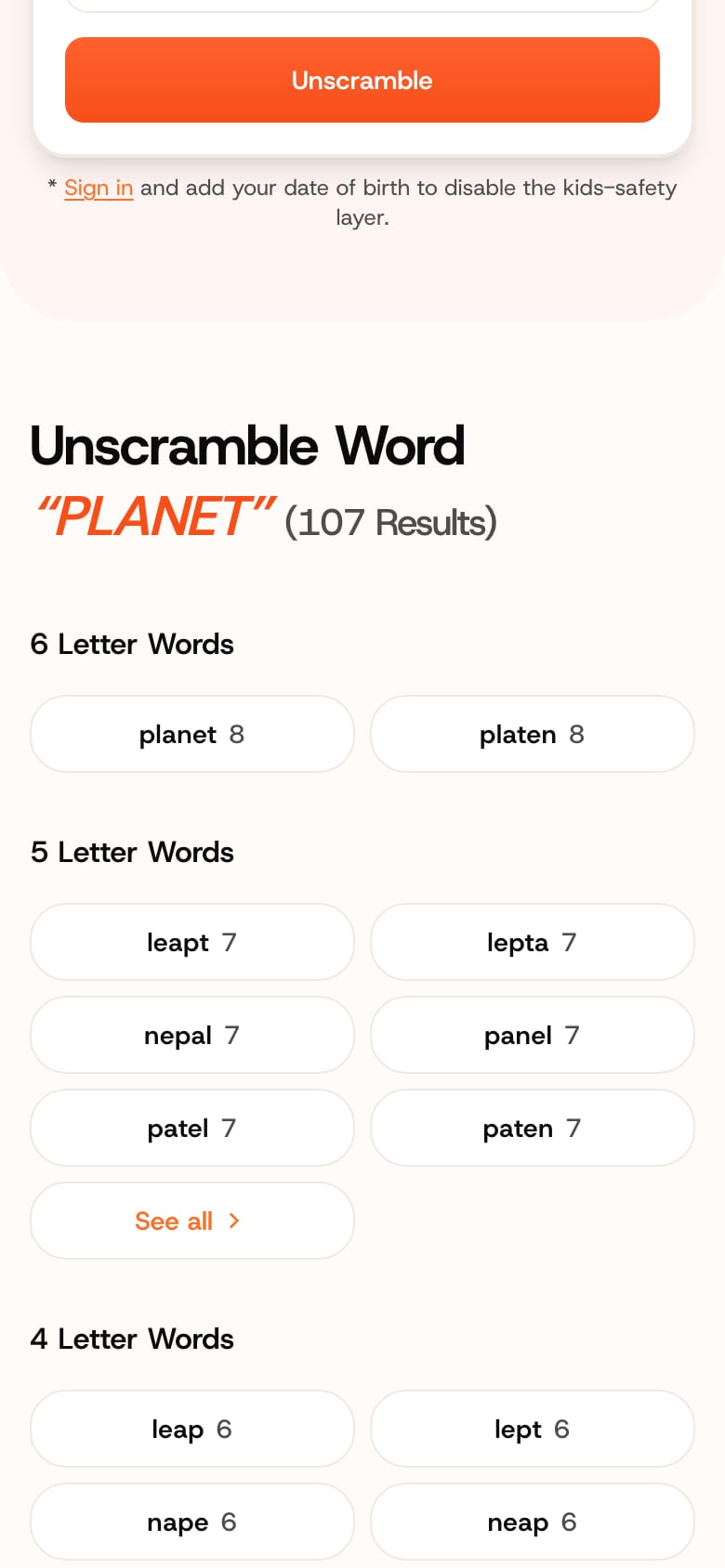 WordUnscramble.ai on mobile: unscramble results for PLANET
