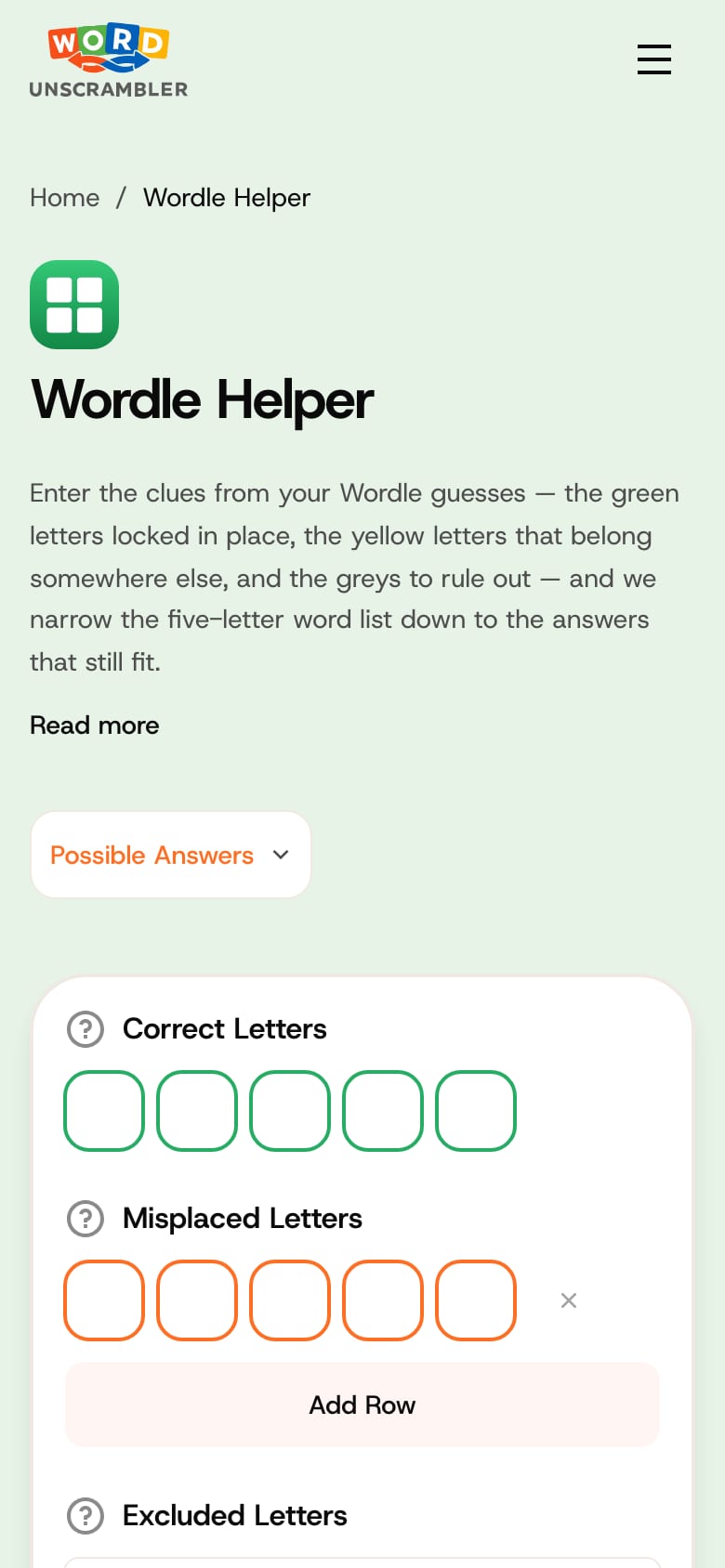 WordUnscramble.ai on mobile: the Wordle Helper