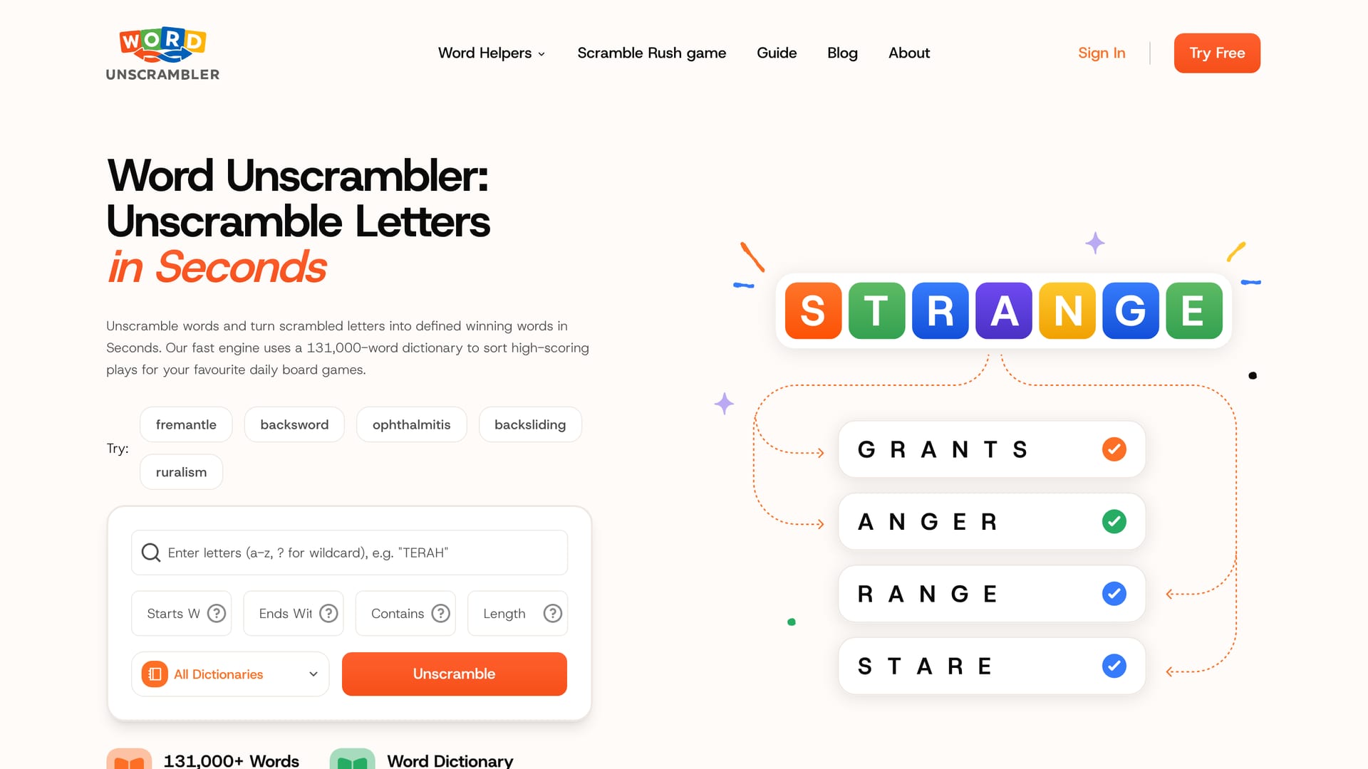 WordUnscramble.ai home page with the letter search and the STRANGE example